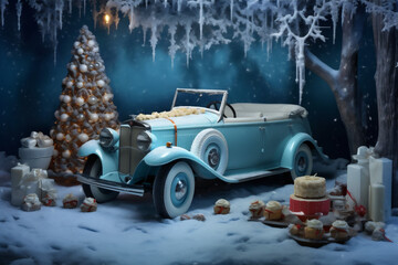 candy festive holiday retro winter car merry christmas gift snow. Generative AI.