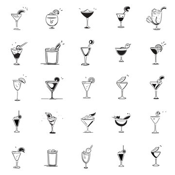 Vector outline alcohol glasses icon set in doodle style. Types of alcohol drinks glasses. Design elements for menus, pubs, postcards, advertising. Various glasses for alcoholic drinks in doodle style.