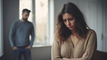 Obraz premium Domestic violence with young man and abused woman, Generative AI