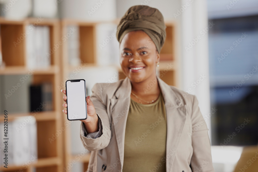 Poster phone screen, mockup and black woman in business on mobile app, ux design or website space. portrait