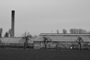 Low-angle view of an old glass greenhouse and chimney near Meerbusch, Germany