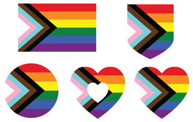 Progress pride flag in shape set. Progress Pride Rainbow Flags. LGBTQ flag	