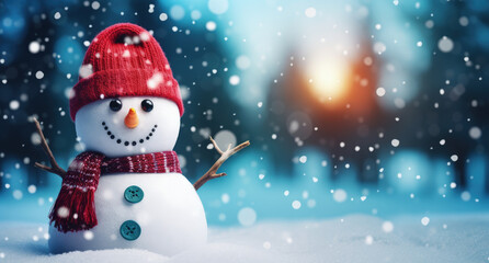 Obraz premium Snowman in Winter Wonderland / Merry Christmas / Cute Red Hat Snowman / Snow – Generative Ai