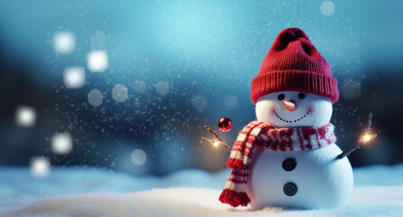 Fototapeta premium Snowman in Winter Wonderland / Merry Christmas / Cute Red Hat Snowman / Snow – Generative Ai