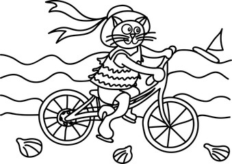 Cute Cat bicycling on sea shore - vector, stock illustration