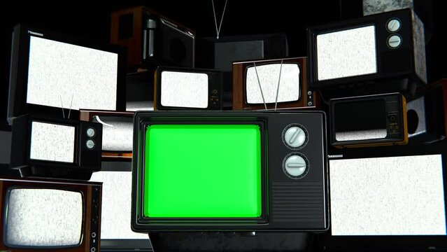 	
Many TV sets with chromakey on screen. Creative background and intro.