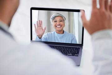 Video call, screen and doctor for virtual support, clinic consultation and healthcare service on laptop. Happy senior patient, medical worker or people wave hello on laptop, telehealth help or advice - obrazy, fototapety, plakaty