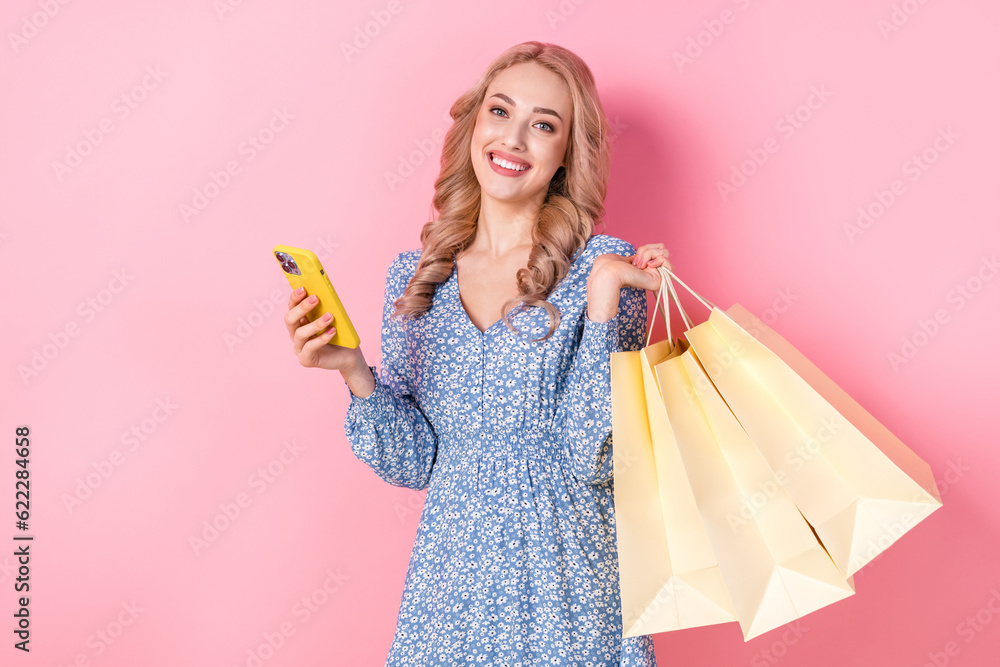 Poster Photo of nice gorgeous young lady hold mall bags use smart phone eshopping order isolated on pink color background