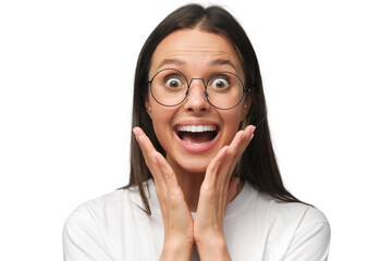 Oh my god! Wow! Really? Crazy shocked young girl, looking at camera with wide opened mouth and...