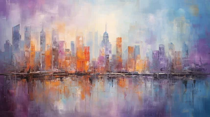Wall murals Watercolor painting skyscraper Generative AI, Abstract oil painting of a city with bold strokes in purple and orange colors, background with a skyscrapers
