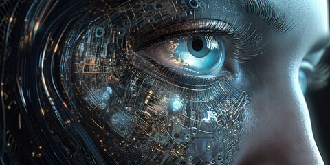 The eye and a fragment of the face of a cyborg woman, close-up. Generative AI