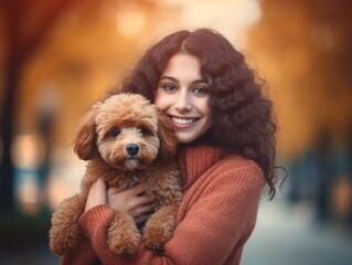 pretty young girl with her dog. Studio shot. similarity between owner and pet. AI generative