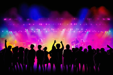 Fototapeta na wymiar Silhouette of people at concert or music festival with neon lights