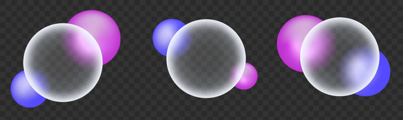 3d glass morphism effect with sphere ball shape. Futuristic presentation design isolated icon with blur on screen. Blue, purple and pink infographic interface disk in glassmorphism creative style.