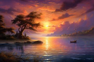 Fototapeta na wymiar A breathtaking sunset painting the sky in hues of gold and lavender, casting a warm glow on a serene seascape.