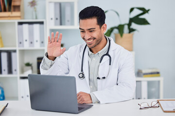 Video call, doctor and man wave in online meeting, virtual support or clinic and healthcare service on computer. Happy medical worker or asian person on laptop, telehealth help and advice in office
