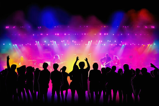 Silhouette of people at concert or music festival with neon lights
