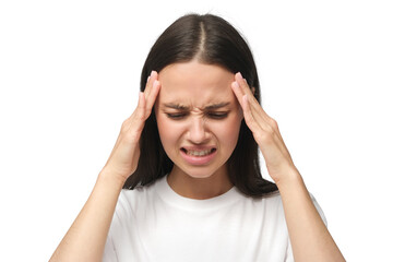 Unhappy young woman squeezing head with hands, suffering from headache. People, stress, tension and migraine concept