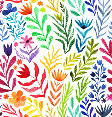 Watercolor floral seamless pattern, summer backdrop. Colorful endless botanical wallpaper, rainbow colors.