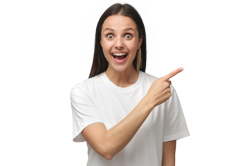 Young surprised woman in white t-shirt pointing right with her finger, shouting WOW