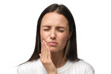 Toothache concept. Young female feeling pain, holding her cheek with hand, suffering from bad tooth ache