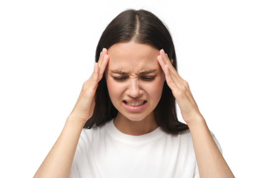 Unhappy young woman squeezing head with hands, suffering from headache. People, stress, tension and migraine concept - Powered by Adobe
