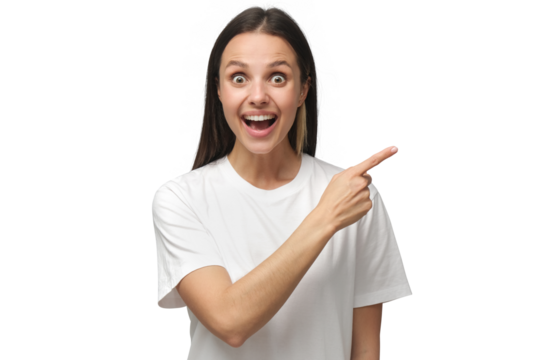 Young surprised woman in white t-shirt pointing right with her finger, shouting WOW