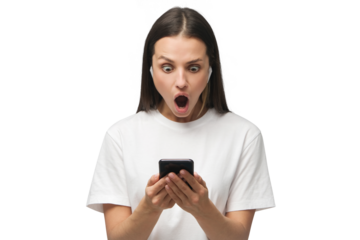 Shock content. Young woman impressed by media content from web on display of her smartphone