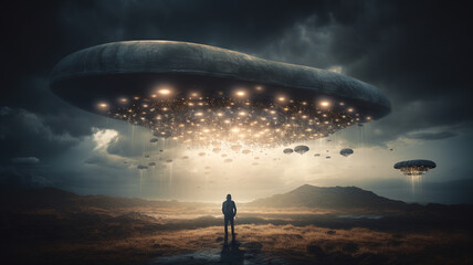 Surreal UFO with bright lights hovering above the person in the dark field. Mysterious flying saucer, abduction. First contact, close encounter.