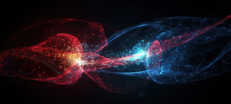 Entangled glowing red and blue particles. Science concept, illustration.