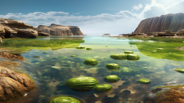 Coastal landscape with primitive ancient lifeforms and green algae in water. Digital illustration.