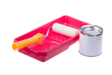 Red plastic paint tray and white roller for painting walls, furniture or art, png clipart isolated cut out on transparent background