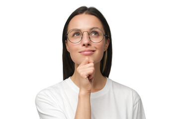 Close-up of young woman dressed in white t-shirt, wearing spectacles and dreaming about something pleasant - 622285420