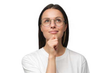 Close-up of young woman dressed in white t-shirt, wearing spectacles and dreaming about something pleasant