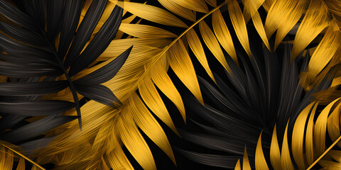 Gilded Paradise: Black Background with Golden Palm Branches Midnight Glimmer: Black Canvas Highlighted by Golden Palm Branches Ai Generated 