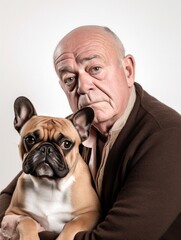 senior man with his dog. Studio shot. similarity between owner and pet. AI generative