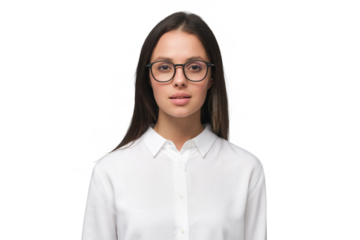 Young businesswoman in white collar shirt and glasses, looking at camera