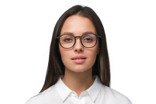 Portrait of young businesswoman in white collar shirt and glasses, looking at camera