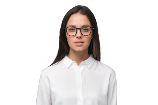Young businesswoman in white collar shirt and glasses, looking at camera