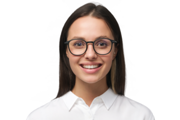 Headshot of young smiling businesswoman, wearing glasses and white collar shirt, staying positive