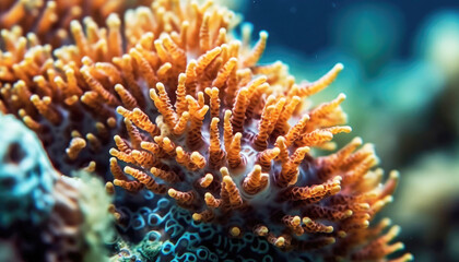 Naklejka na ściany i meble Vibrant Undersea Beauty Exploration Macro Generative AI Reveals the Colorful Majesty of Coral Reef in a Multicolored Marine Wonderland
