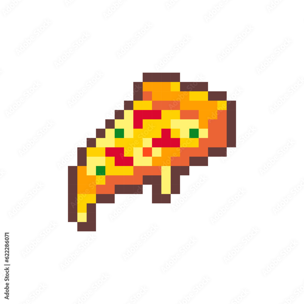 Wall mural pixel art pizza. retro 8 bit style fast food pizza slice illustration. ideal for sticker, retro deco