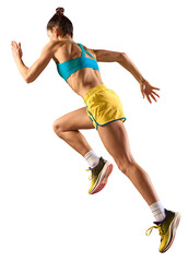 Side view image of young musuclar woman, professional runner, athlete in motion, training isolated over transparent background - obrazy, fototapety, plakaty