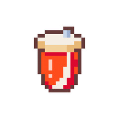 Pixel Art Vector Red Cup with Lemonade. Retro 8 bit Style Drink Soda Illustration. Ideal for Sticker, Retro Decorative Element, Emoji, Game Asset, or Cute Geek Avatar.