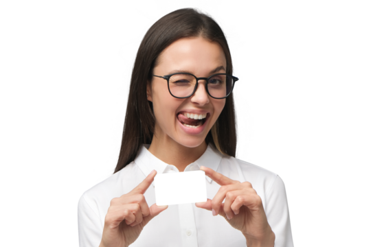 Beautiful winking woman in white shirt and glasses holding and showing blank empty card - Powered by Adobe