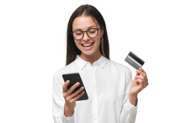 Young smiling woman holding credit card and phone