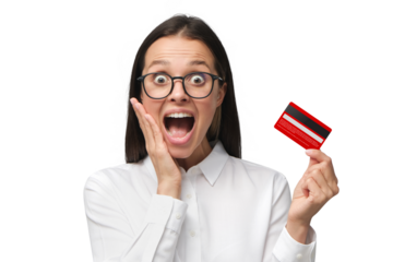 Excited young woman with mouth open, holding credit card