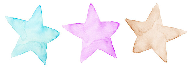 Obraz premium Bright Pink, Vibrant Blue and Light Beige Watercolor Stars. Delicate Hand Painted Stars. No Background. Simple Illustration with Isolated Star.