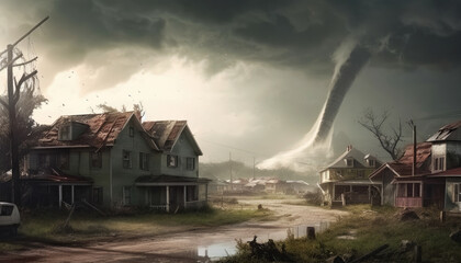Naklejka na ściany i meble Storm of Destruction Witnessing the Cyclone's Menacing Funnel and House-Destroying Force in a Surreal Tornado Encounter Unleashing Havoc and Chaos Devastating Power with Generative AI