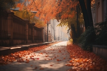 Autumn street view with dry leaves. Generative AI